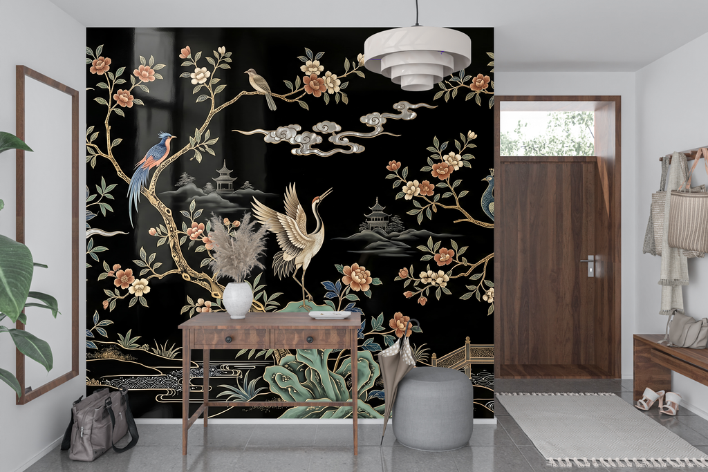 Maximalist Chinoiserie garden wall mural transforming a chic home bar or lounge