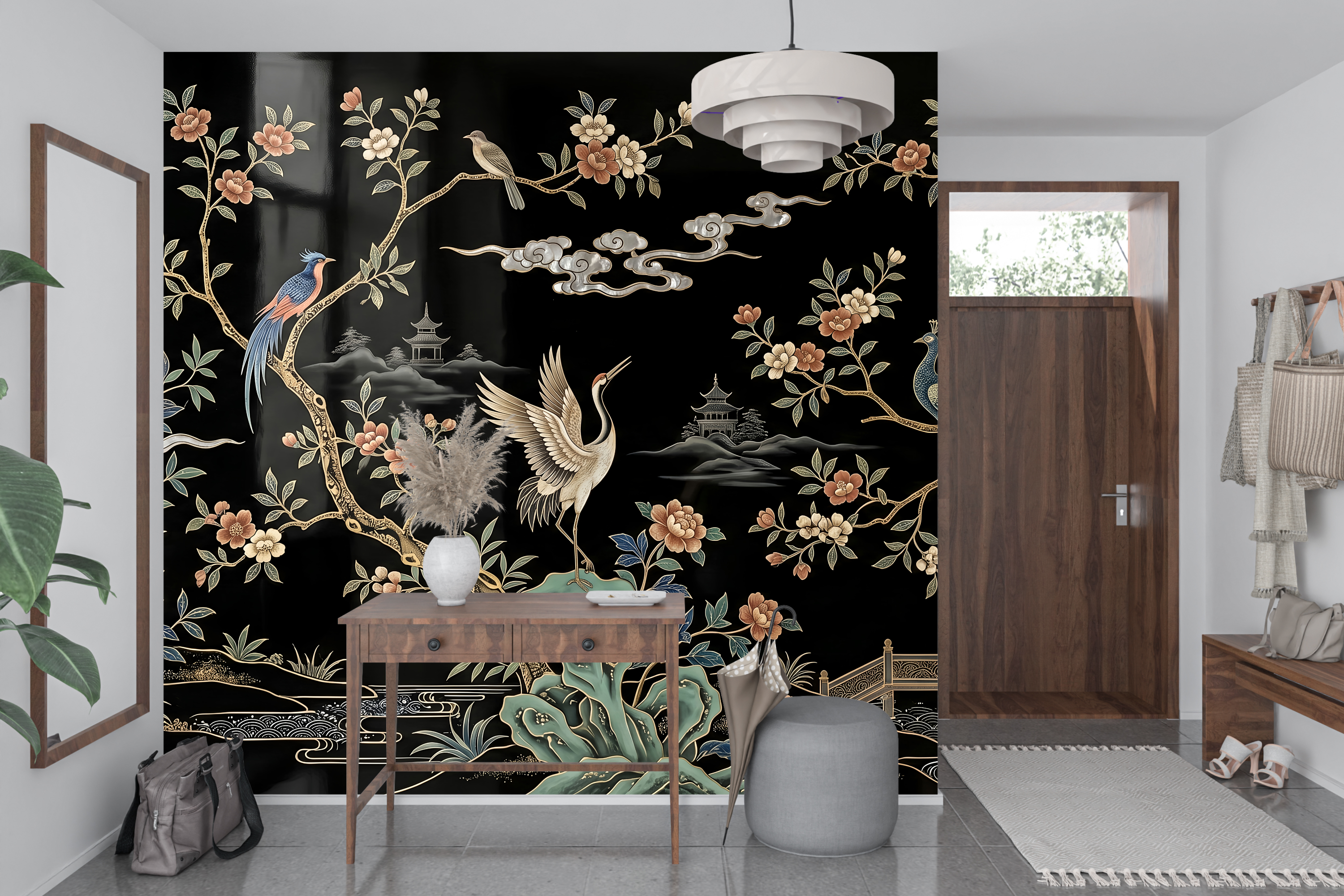 Maximalist Chinoiserie garden wall mural transforming a chic home bar or lounge