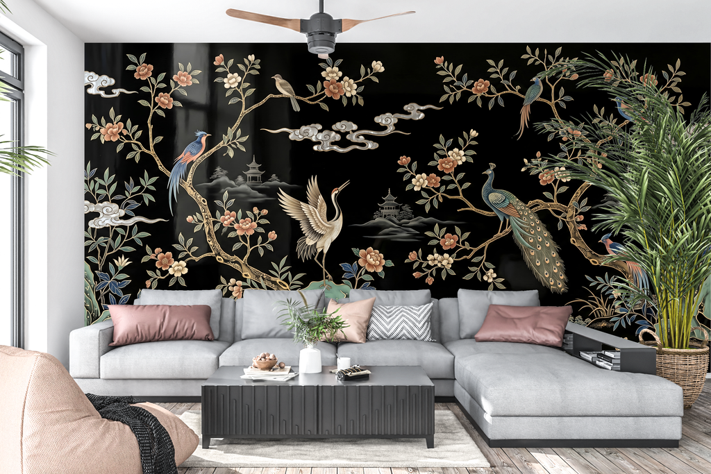 Dramatic gold and black crane landscape wall mural creating an opulent living room