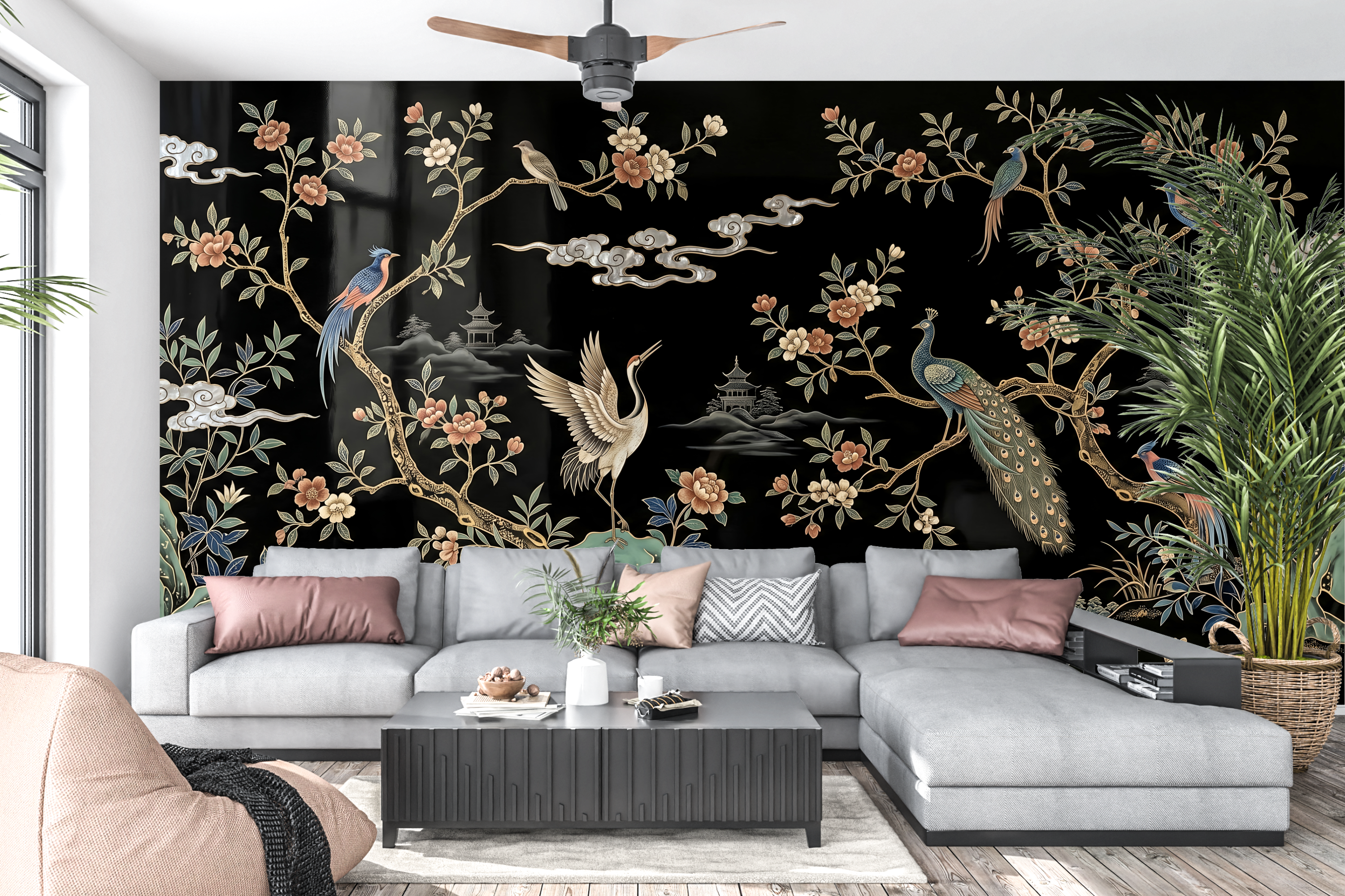Dramatic gold and black crane landscape wall mural creating an opulent living room