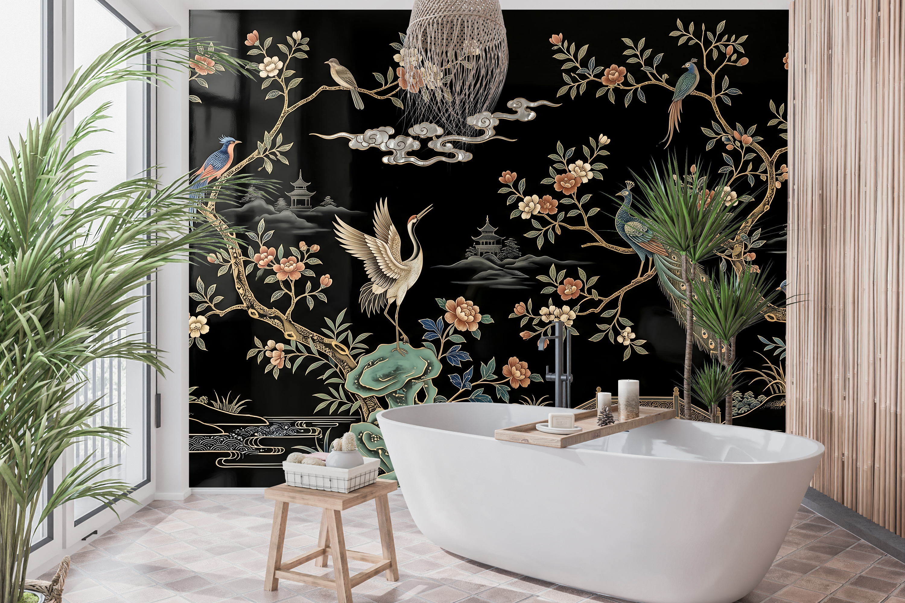 Waterproof vinyl vintage oriental bird wallpaper applied in a jewel-box powder room