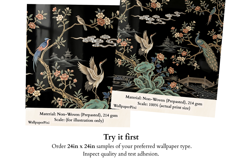 Dark Chinoiserie Peacock & Crane Mural Luxury Black Lacquer Faux Inlay Wallpaper