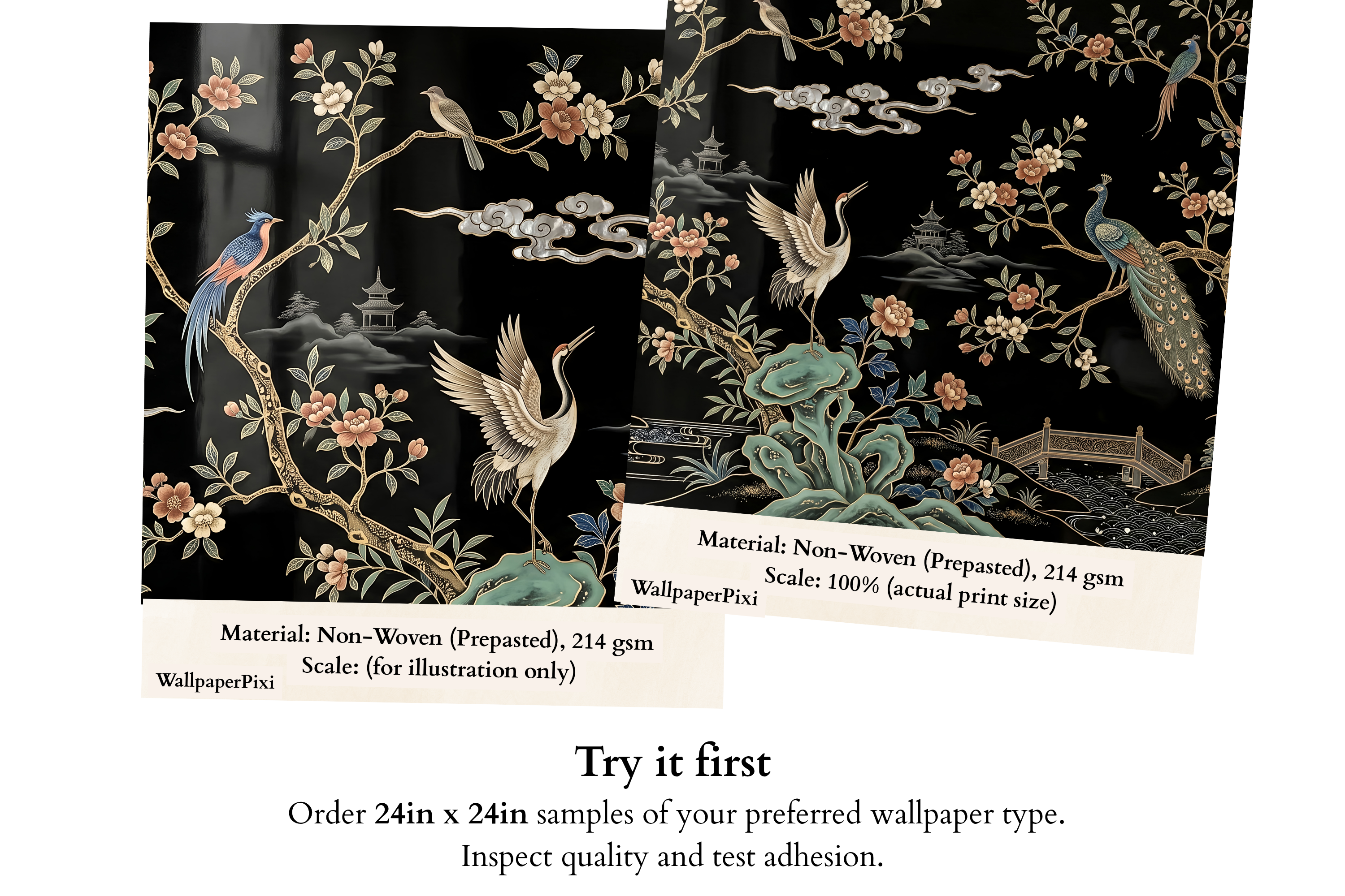Dark Chinoiserie Peacock & Crane Mural Luxury Black Lacquer Faux Inlay Wallpaper