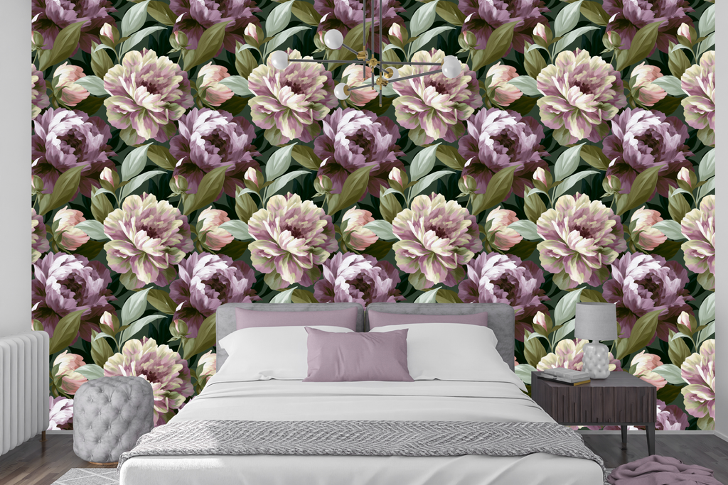 Dramatic plum and green botanical wallpaper creating a moody accent wall in a romantic bedroom
