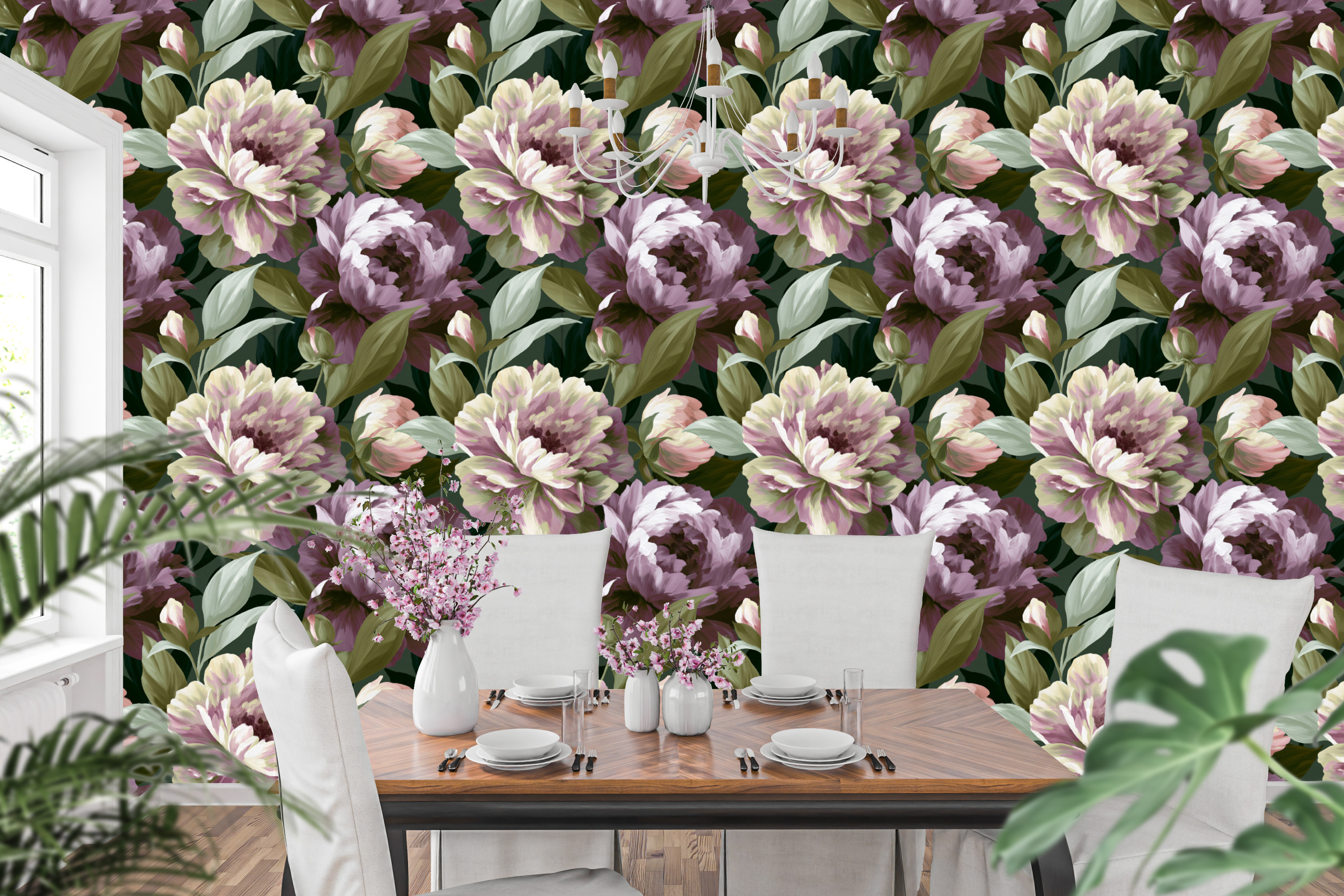 Dark moody painted peony floral wallpaper in an elegant, dramatic dining room
