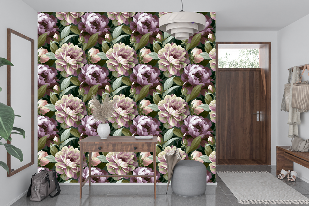 Oil painting effect dark botanical wall mural transforming a dramatic home bar or luxury entryway