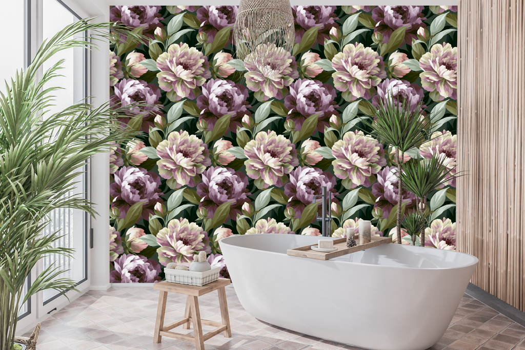 Waterproof vinyl dark floral peony wallpaper applied in a sophisticated moody bathroom
