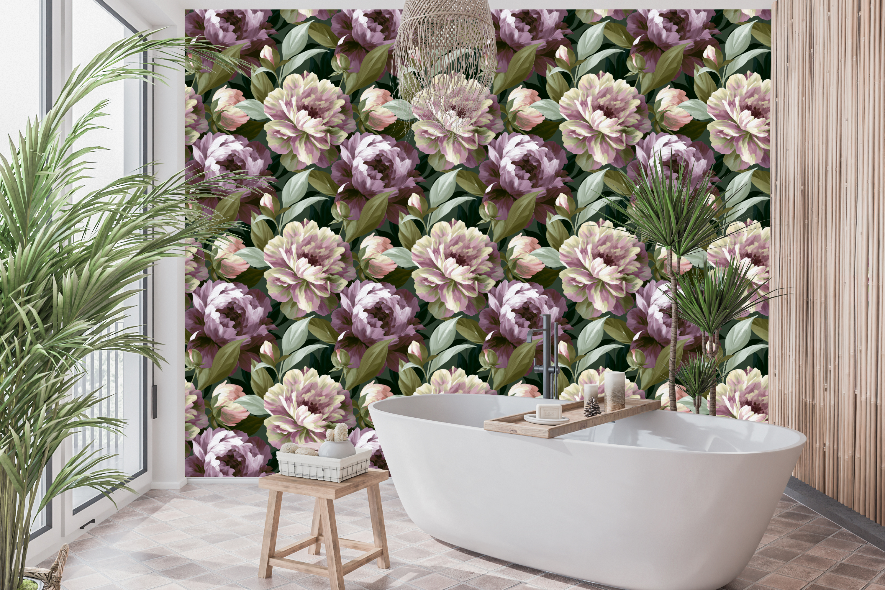 Waterproof vinyl dark floral peony wallpaper applied in a sophisticated moody bathroom