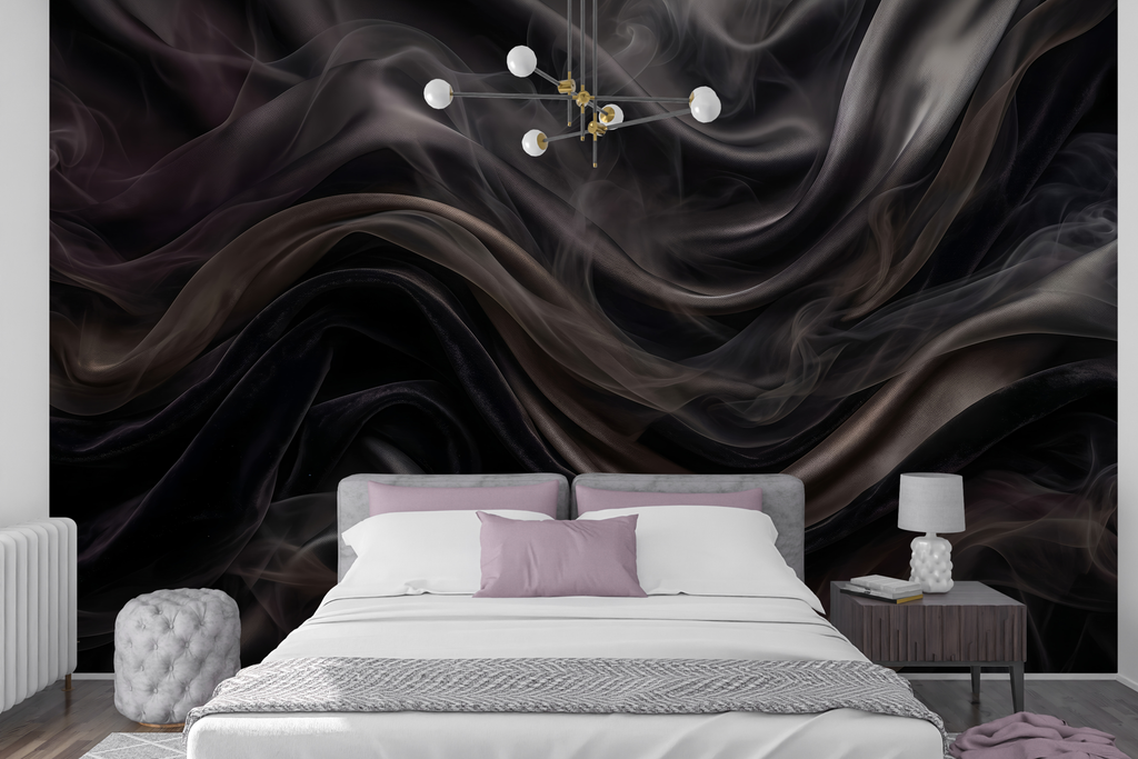 Dark smoky silk fabric wallpaper in a moody luxury bedroom