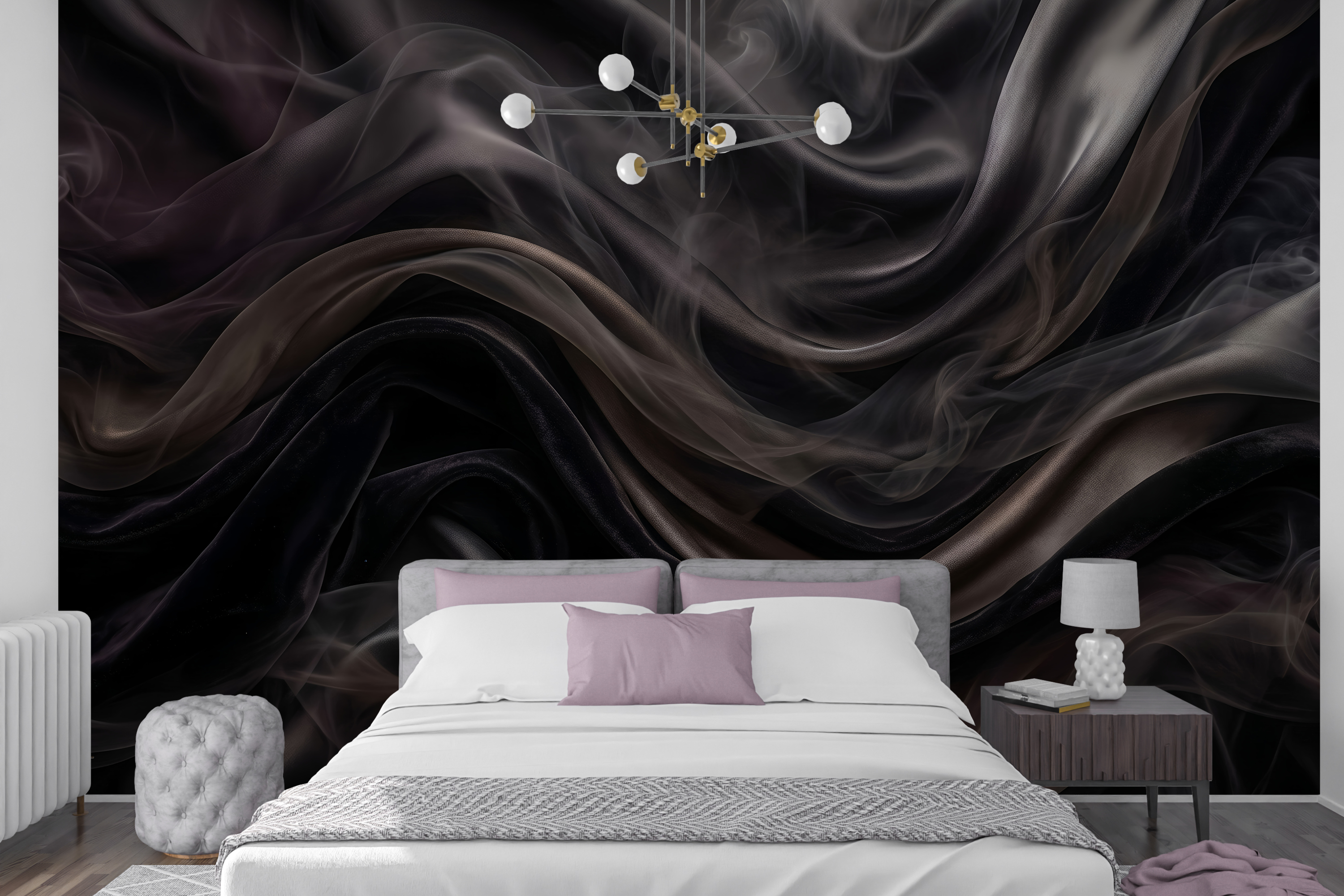 Dark smoky silk fabric wallpaper in a moody luxury bedroom