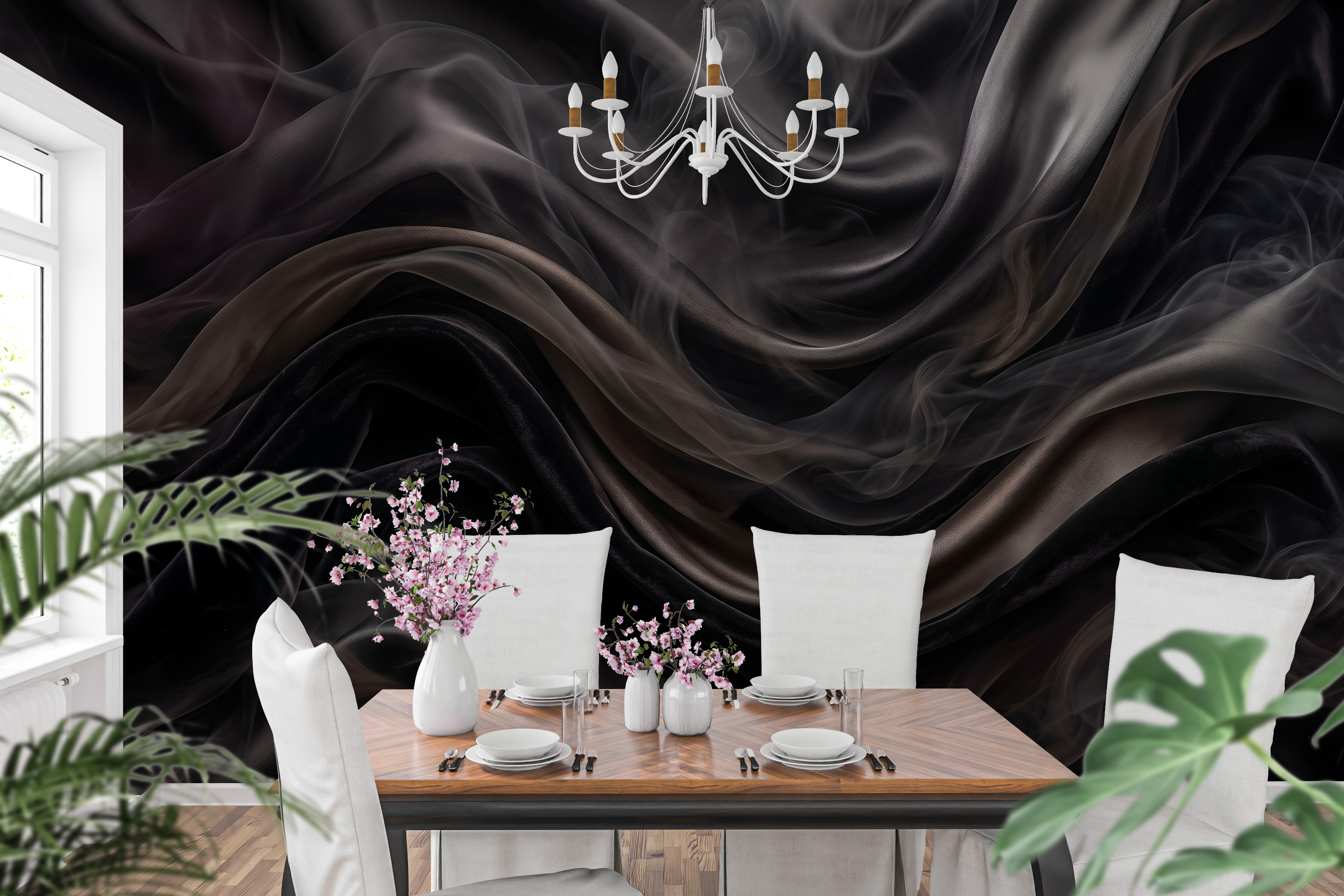 Ethereal dark flowing fabric wall mural creating a dramatic home bar aesthetic