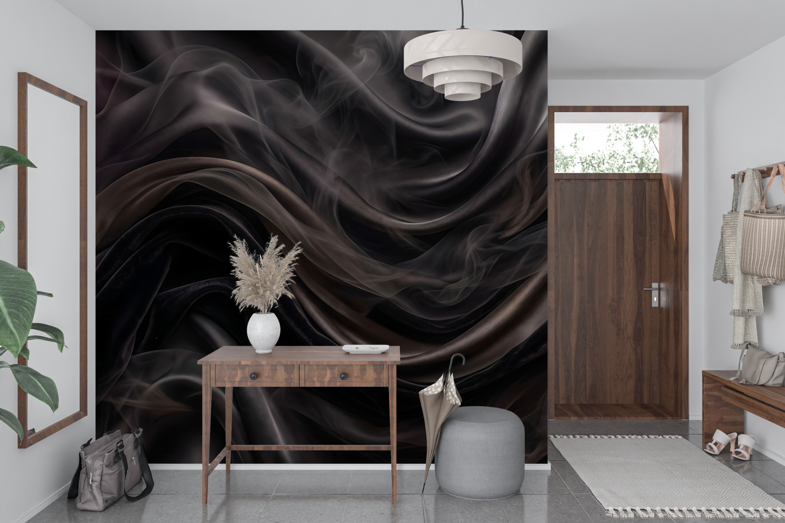 Deep charcoal 3D draped silk wall mural transforming a sleek home theater or lounge