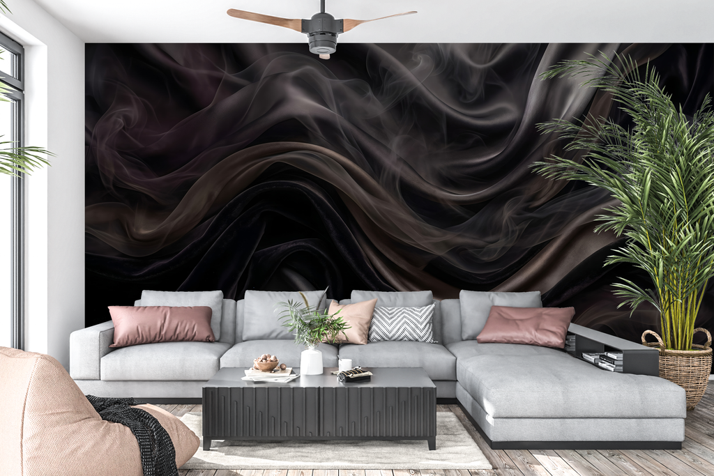 Black velvet and mist peel and stick mural behind a chic living room sofa