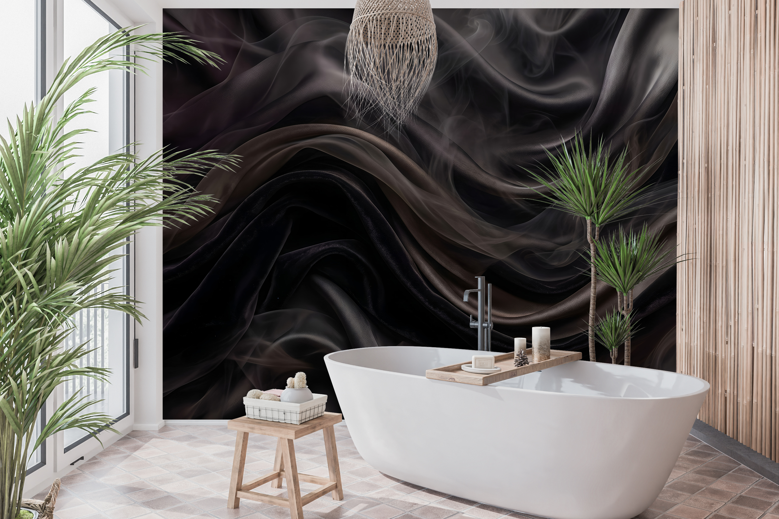 Waterproof vinyl dark abstract smoke wallpaper applied in a modern powder room