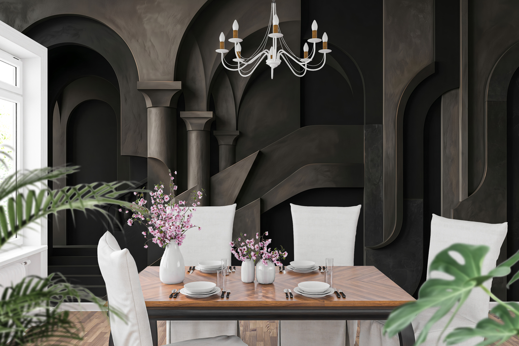 Surreal geometric dark academia wall mural creating a dramatic dining room accent