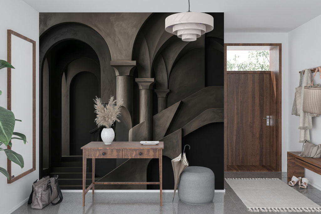 Deep charcoal optical illusion wall mural transforming a modern minimalist entryway