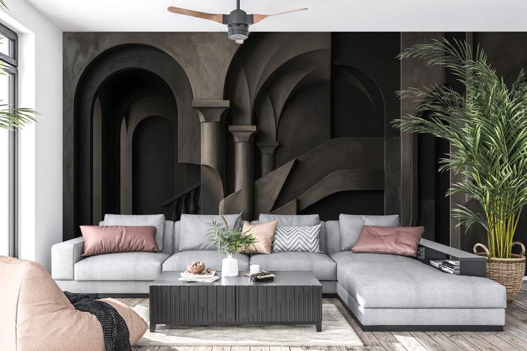 Dark 3D architectural arch mural in a moody modern living room