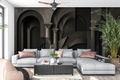 Dark 3D architectural arch mural in a moody modern living room