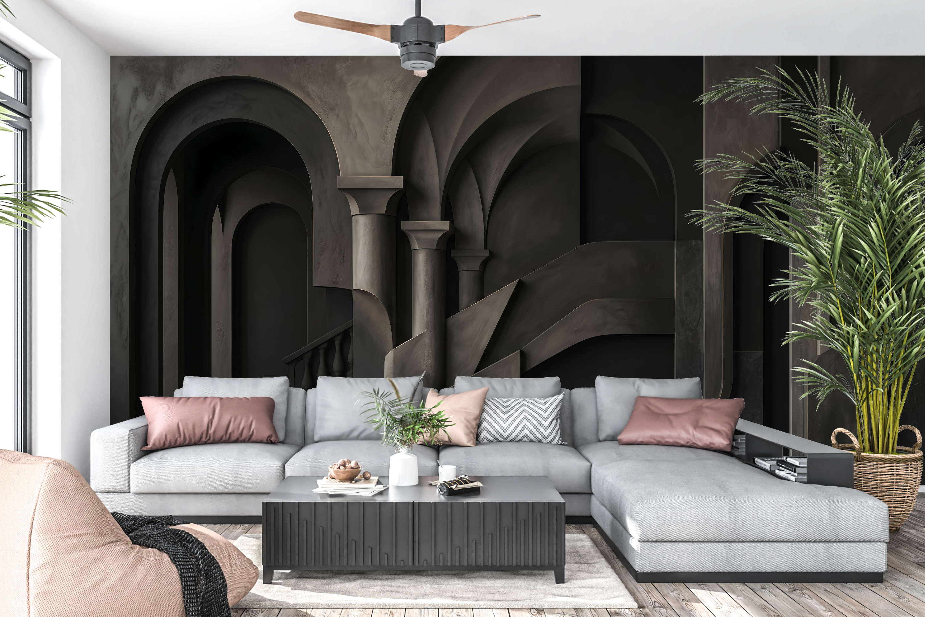 Dark 3D architectural arch mural in a moody modern living room