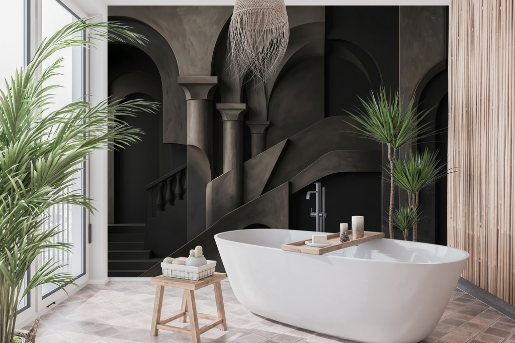 Waterproof vinyl minimalist brutalist wallpaper applied in a sleek dark bathroom