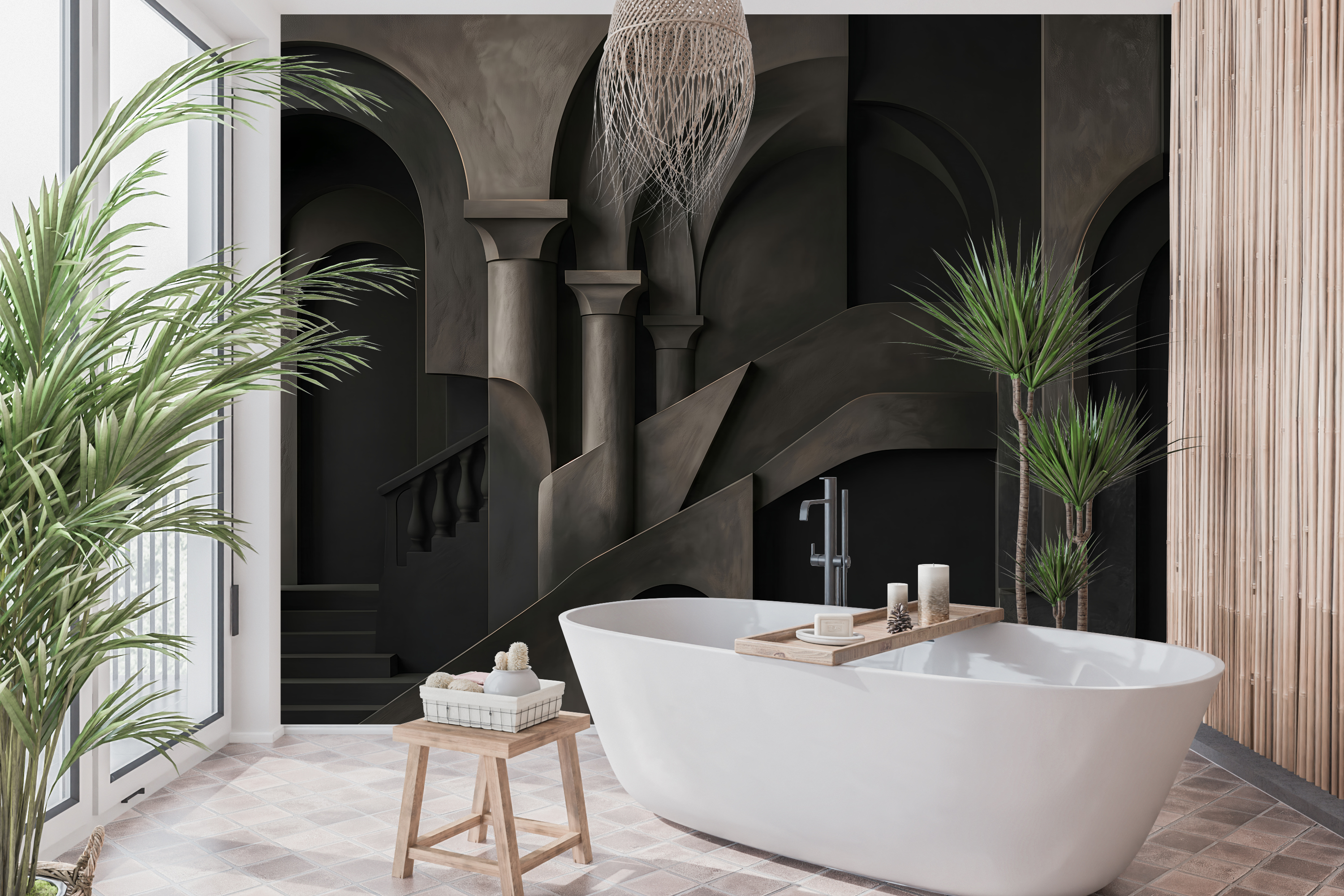 Waterproof vinyl minimalist brutalist wallpaper applied in a sleek dark bathroom
