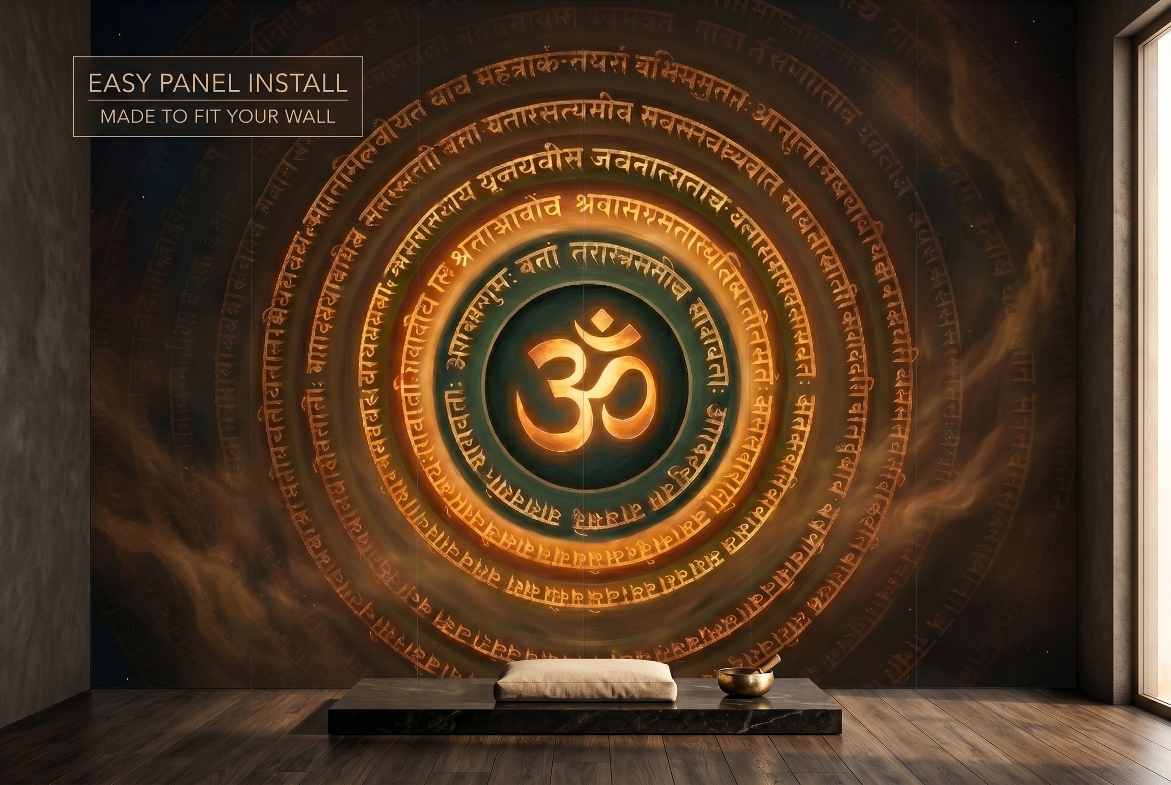 Dark cosmic meditation wall mural with Om symbol in a peaceful yoga studio