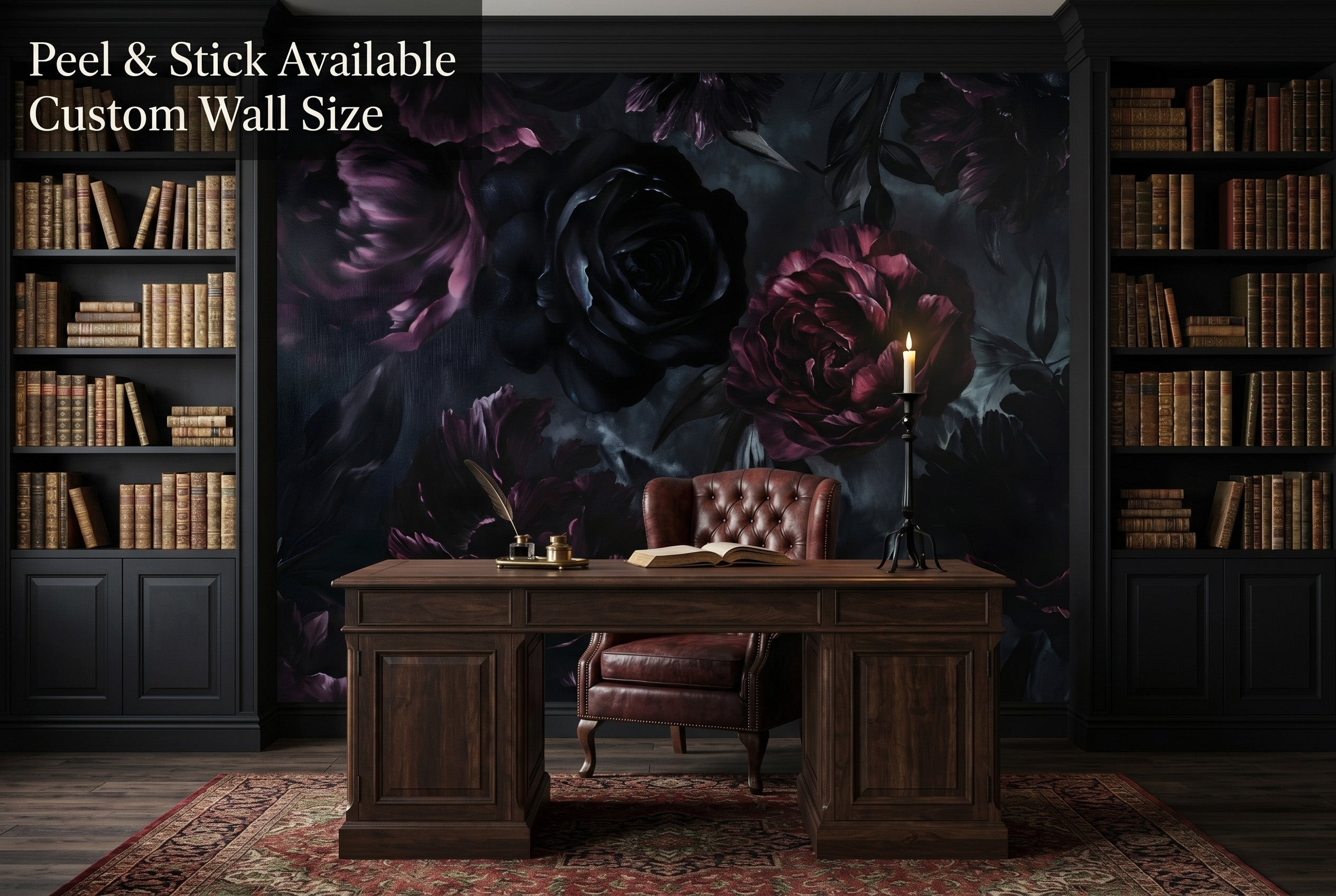 Dark floral gothic wallpaper mural in a moody dark academia library study with black bookshelves and candlelight