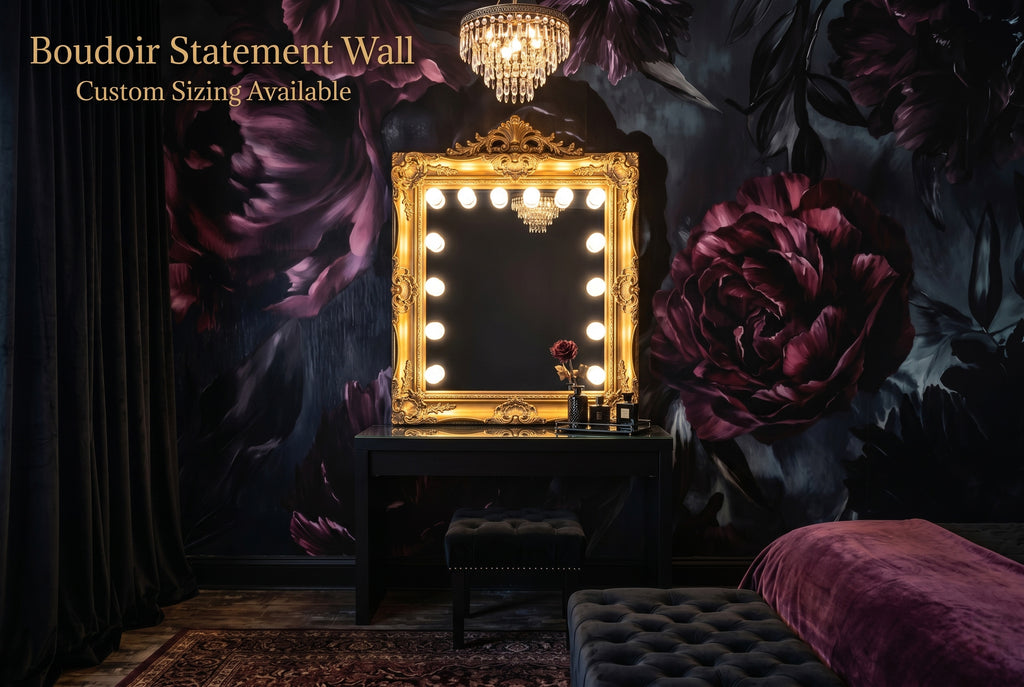 Dark floral gothic wallpaper mural in a moody maximalist boudoir dressing room with black vanity and gold mirror