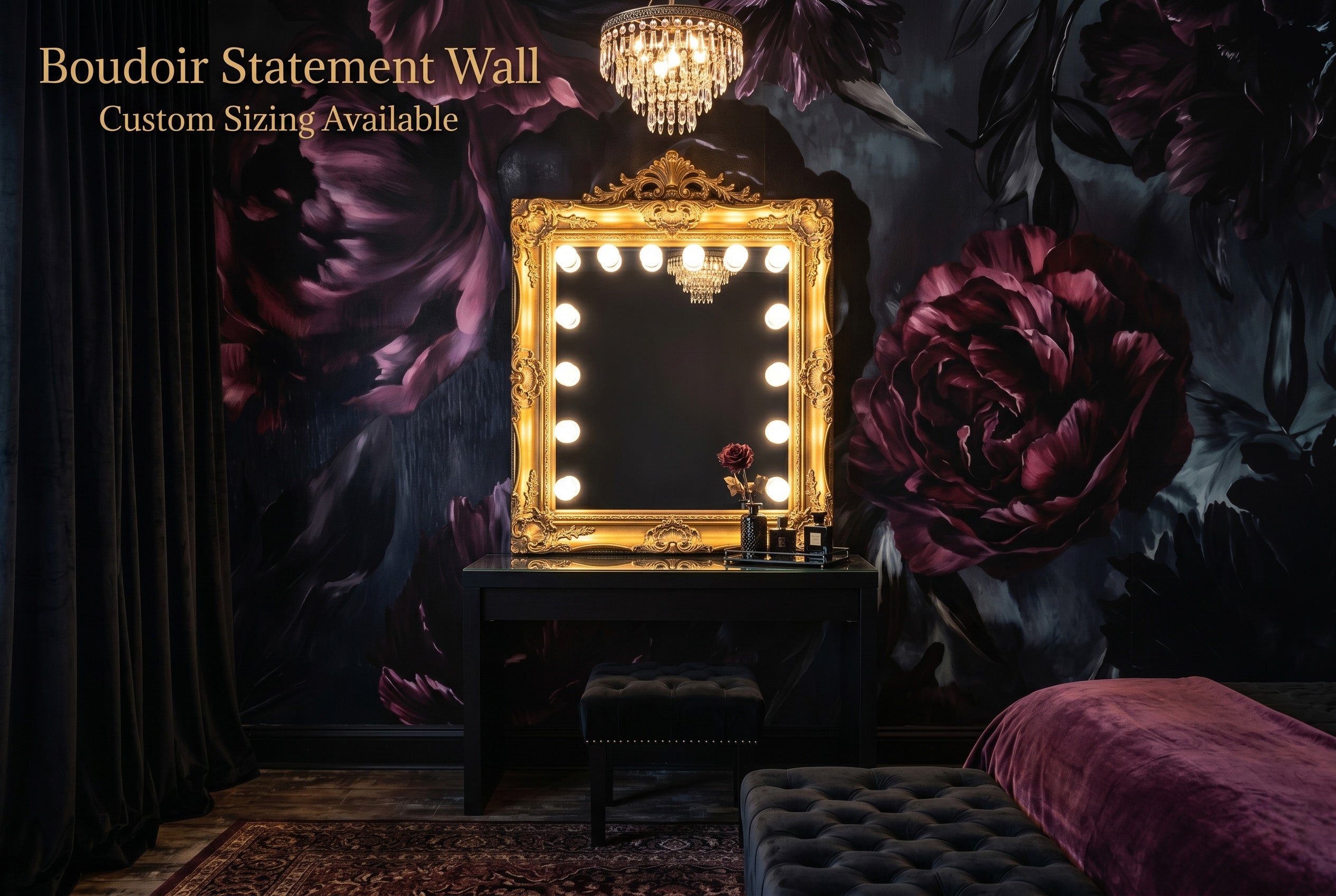 Dark floral gothic wallpaper mural in a moody maximalist boudoir dressing room with black vanity and gold mirror