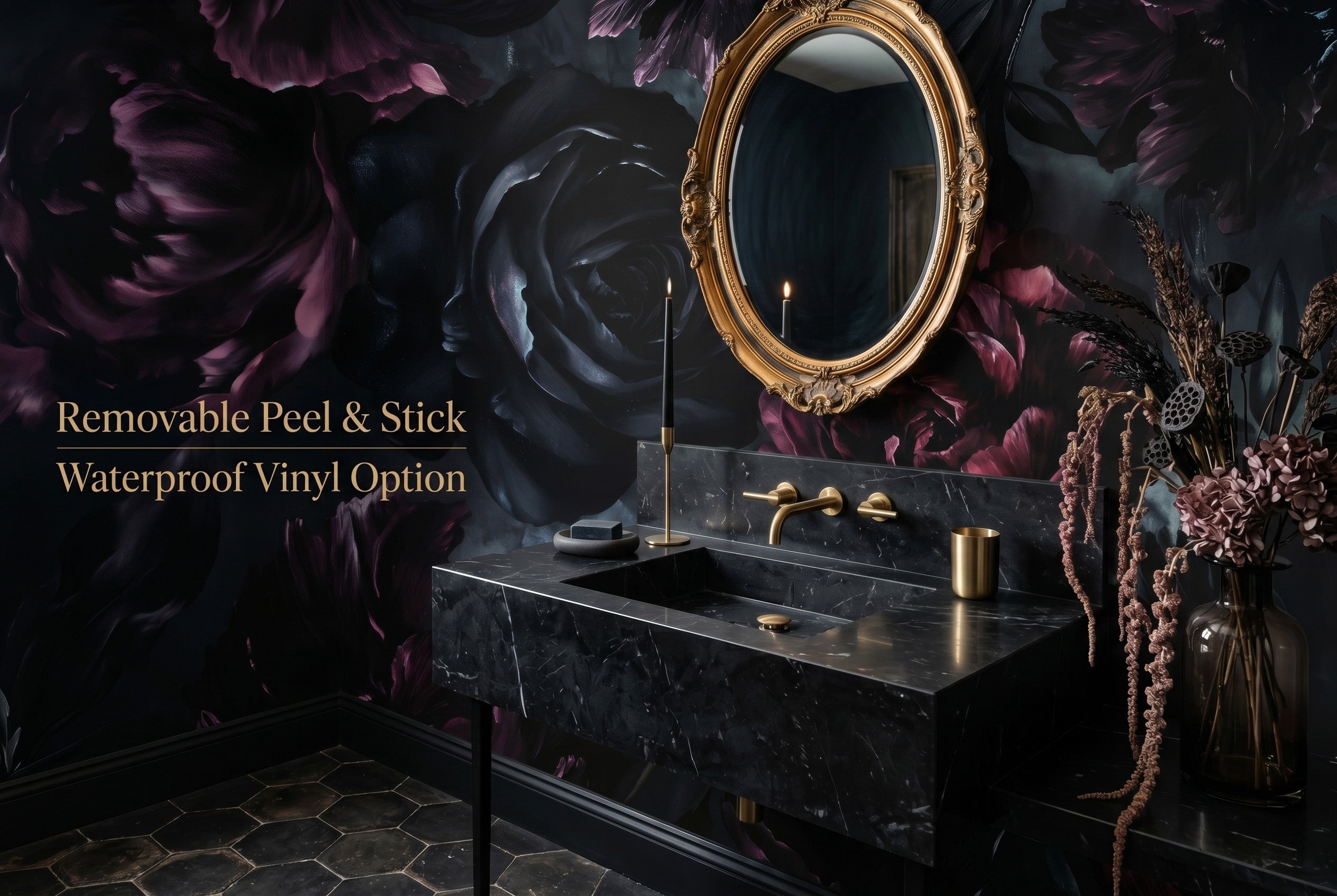 Dark gothic floral wallpaper mural in a luxurious moody powder room bathroom with black marble and gold fixtures