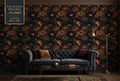 Dark moody floral peony peel and stick wallpaper in a luxury living room