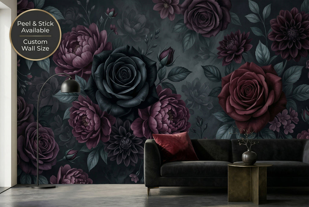 Dark moody floral wall mural with gothic black roses in a modern living room