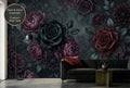 Dark moody floral wall mural with gothic black roses in a modern living room