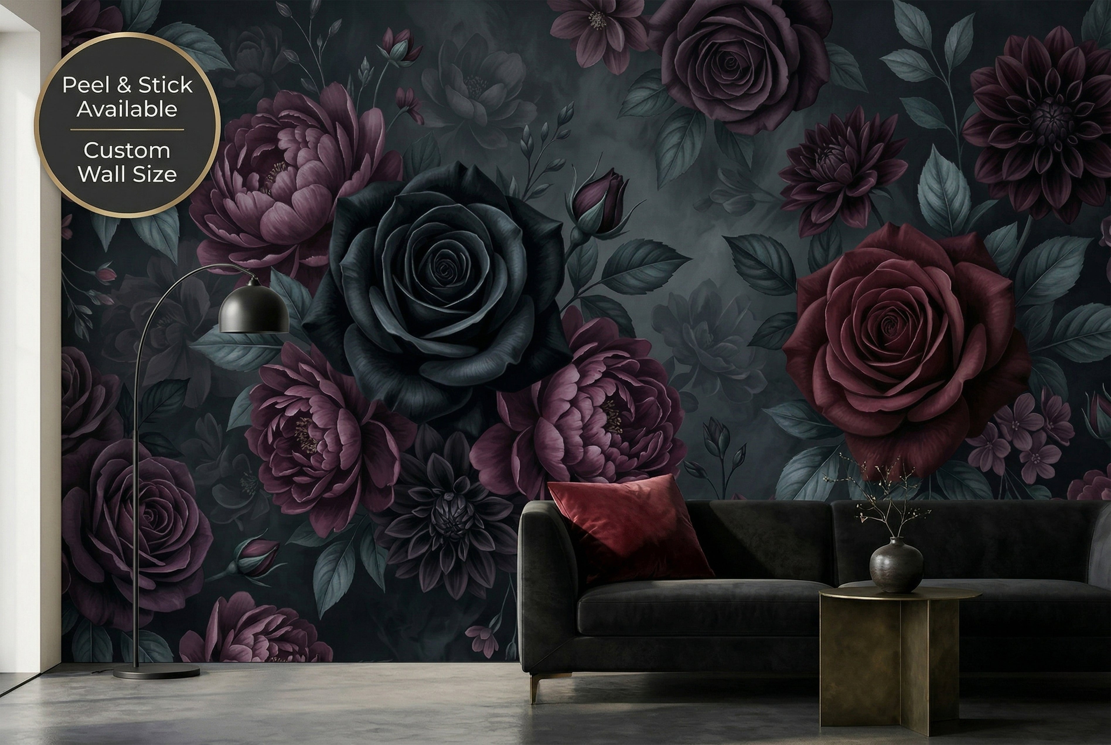 Dark moody floral wall mural with gothic black roses in a modern living room