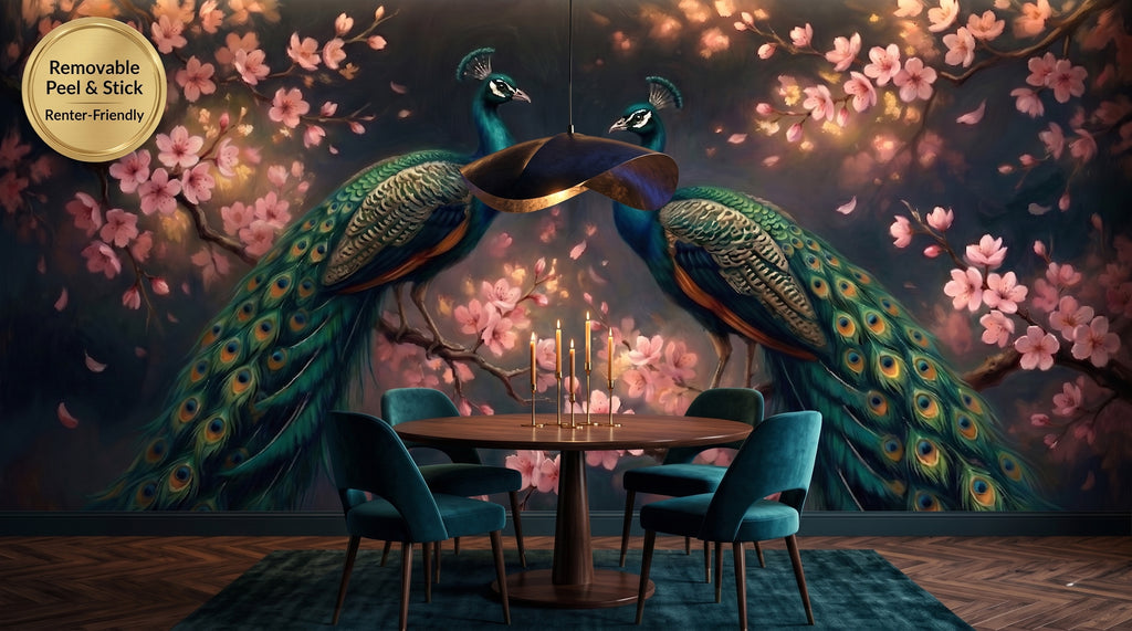 Dark peacock chinoiserie wall mural in an elegant dramatic dining room with teal gold and blush tones