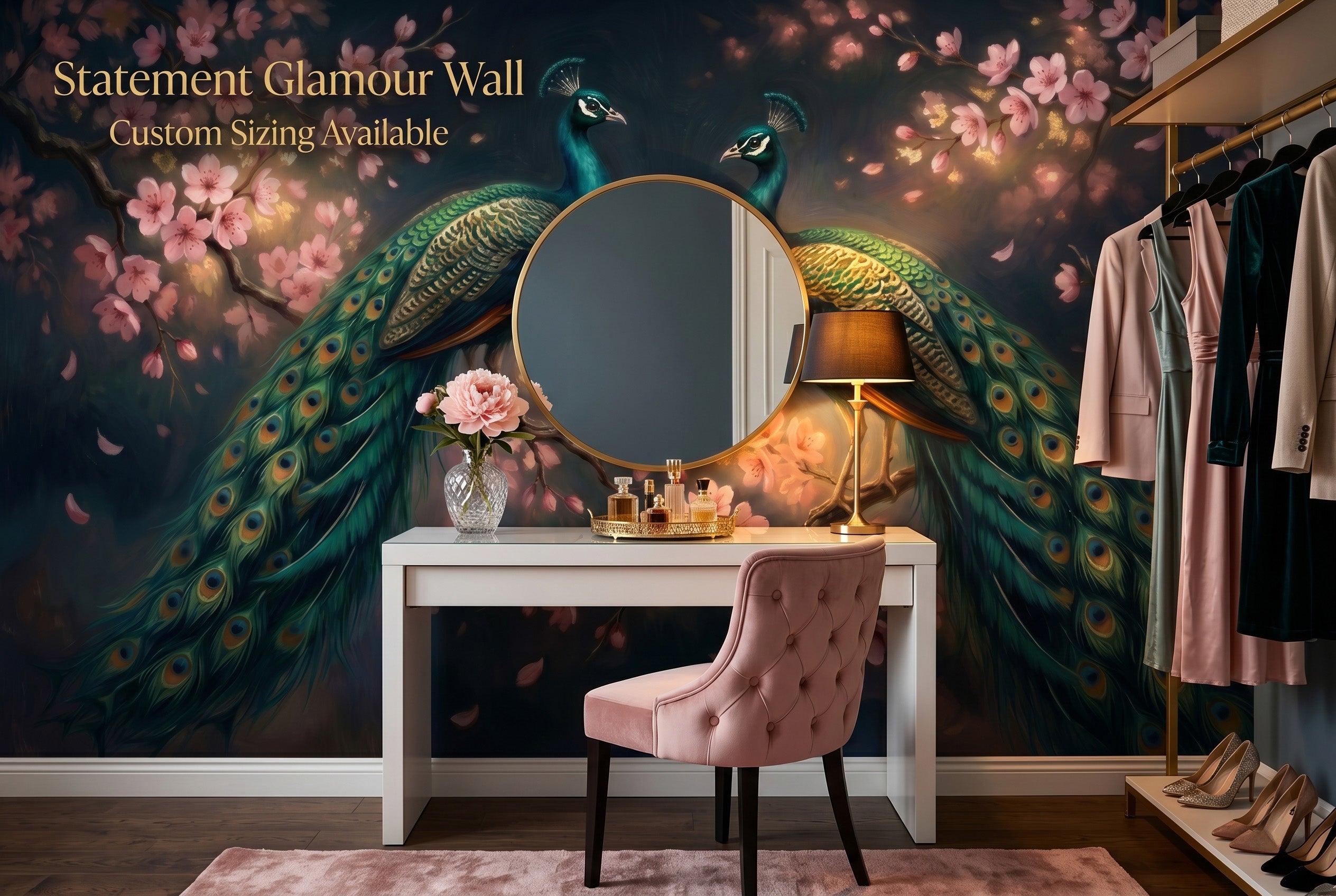 Dark peacock wall mural in a glamorous dressing room with teal gold and blush pink luxury tones