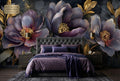 Dark purple gothic peony wall mural in a luxury moody bedroom