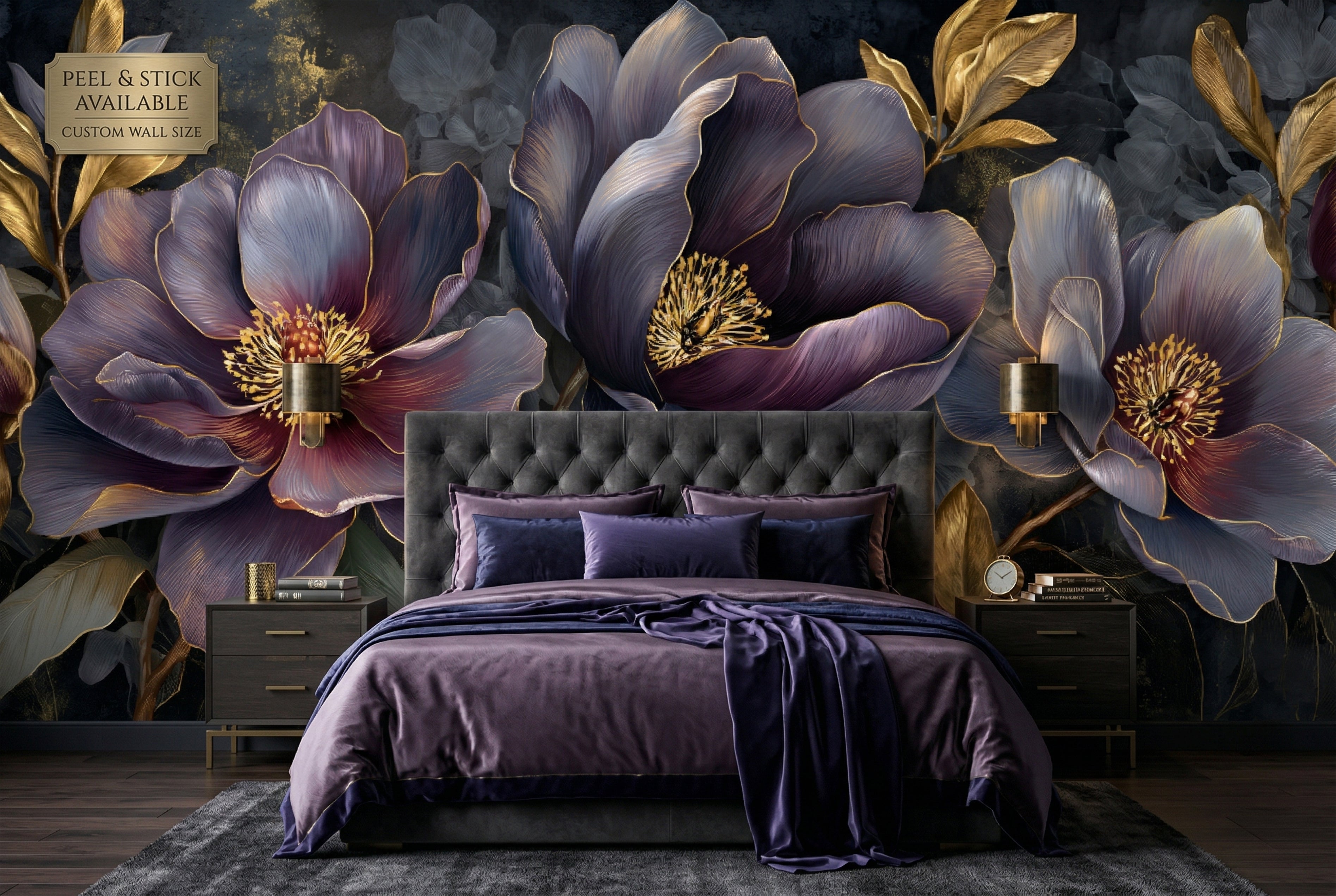 Dark purple gothic peony wall mural in a luxury moody bedroom