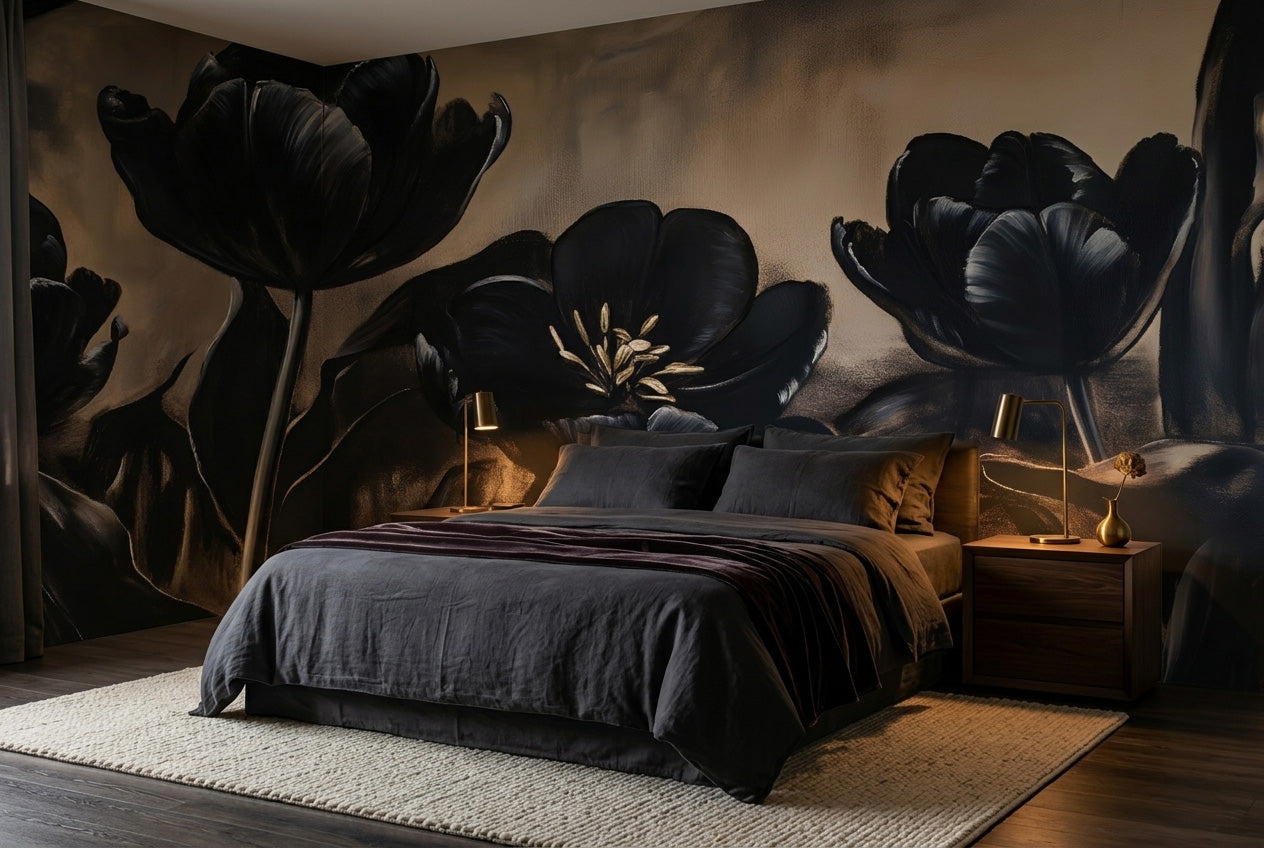 Dark tulip oil painting wall mural accent wall behind a king bed in a moody bedroom with charcoal linen bedding and brass lighting
