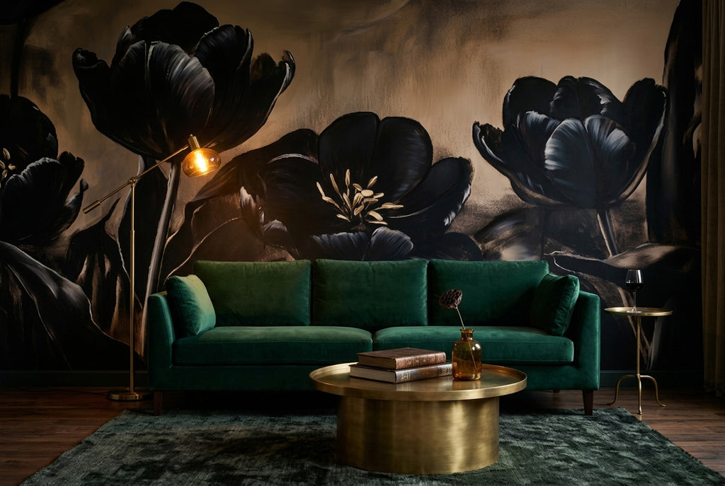 Dark tulip wall mural behind a velvet sofa in a moody living room with brass floor lamp and warm amber lighting