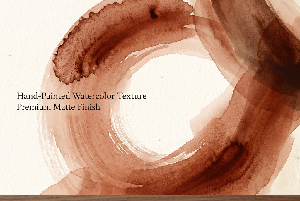 Detailed close up of hand-painted watercolor texture and rich sienna swirls on abstract wall mural.