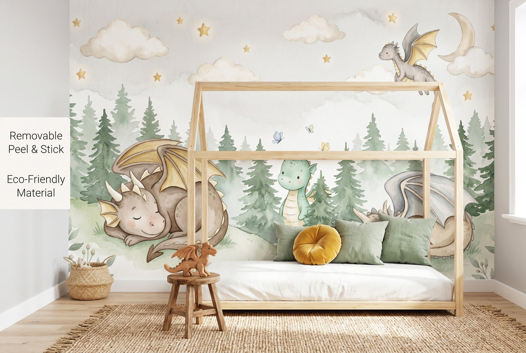 Dragon forest wallpaper mural in a toddler's bedroom with a house-shaped floor bed.