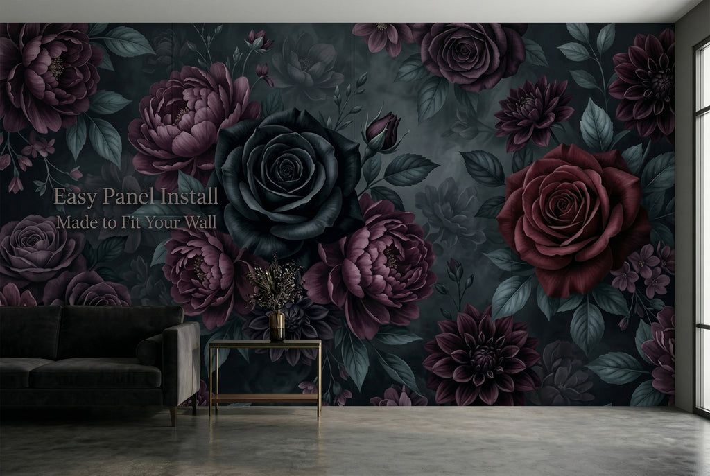 Dramatic dark botanical peel and stick wallpaper in a luxury bedroom
