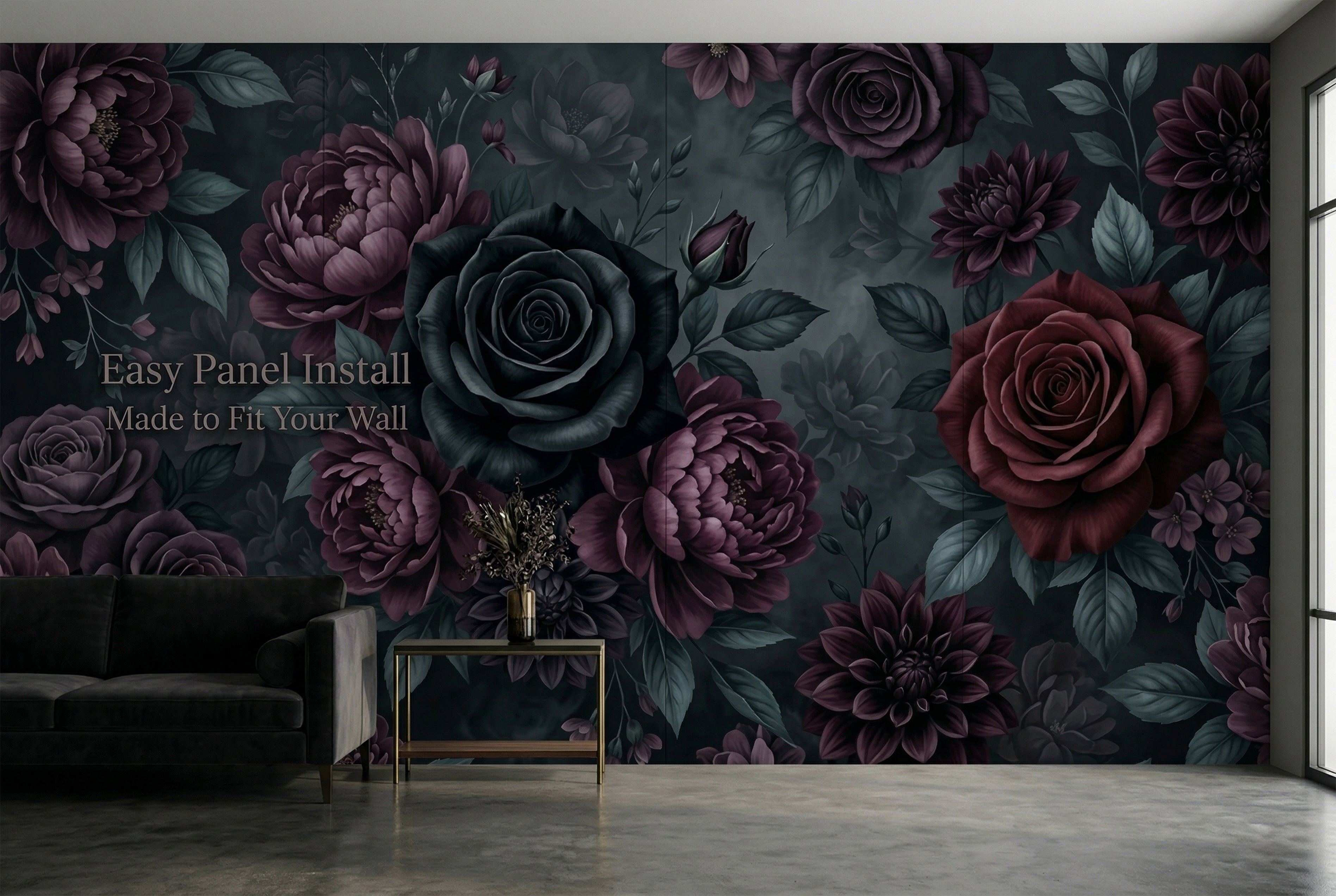 Dramatic dark botanical peel and stick wallpaper in a luxury bedroom