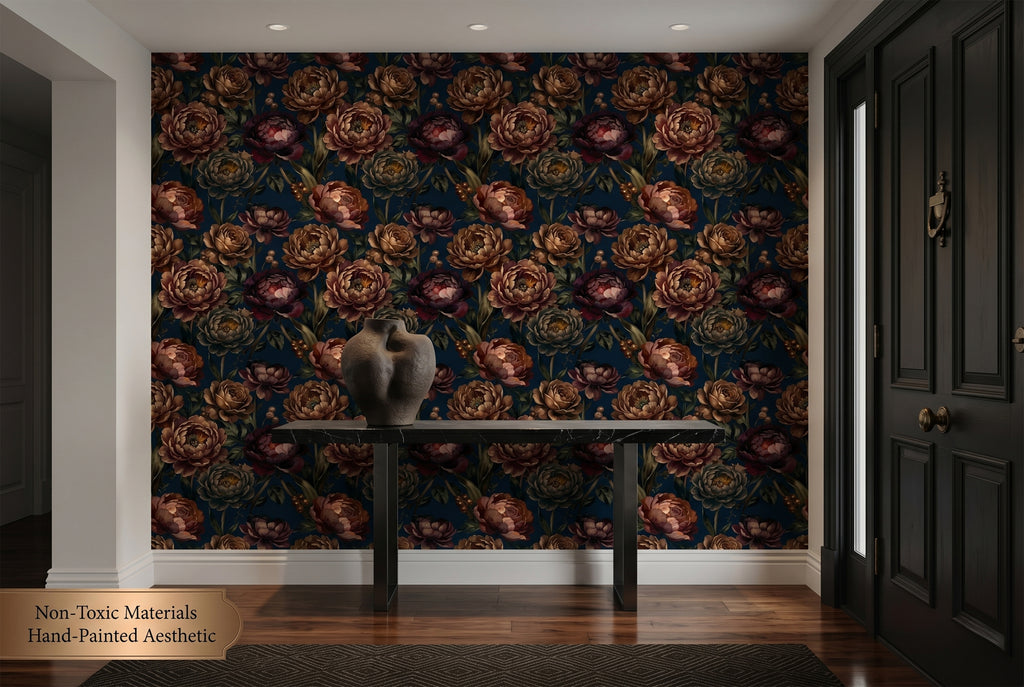 Dramatic dark botanical wall mural in an elegant master bedroom