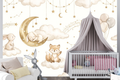 Neutral watercolor celestial animals wallpaper in a calming baby nursery