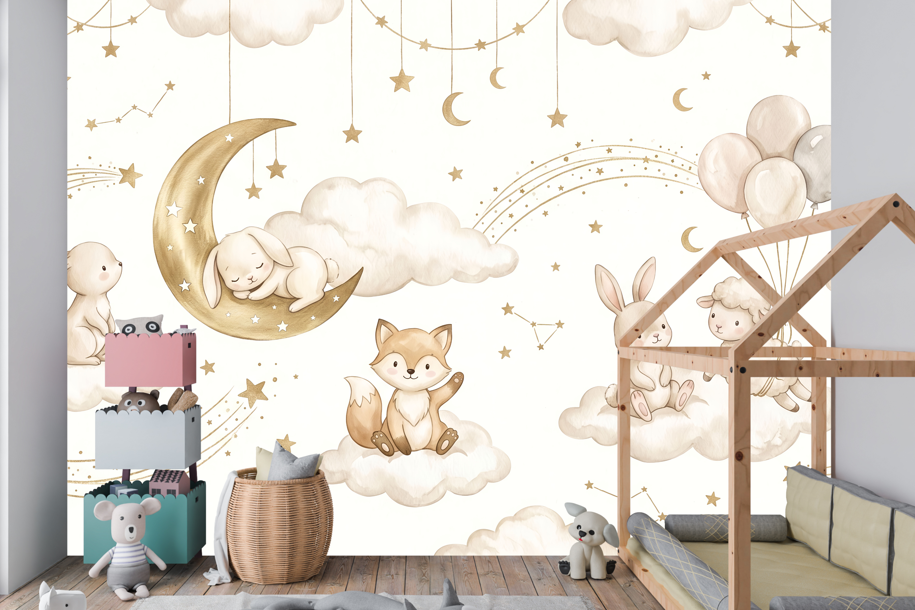 Dreamy Watercolor Sky Animals Wall Mural Neutral Celestial Nursery Wallpaper