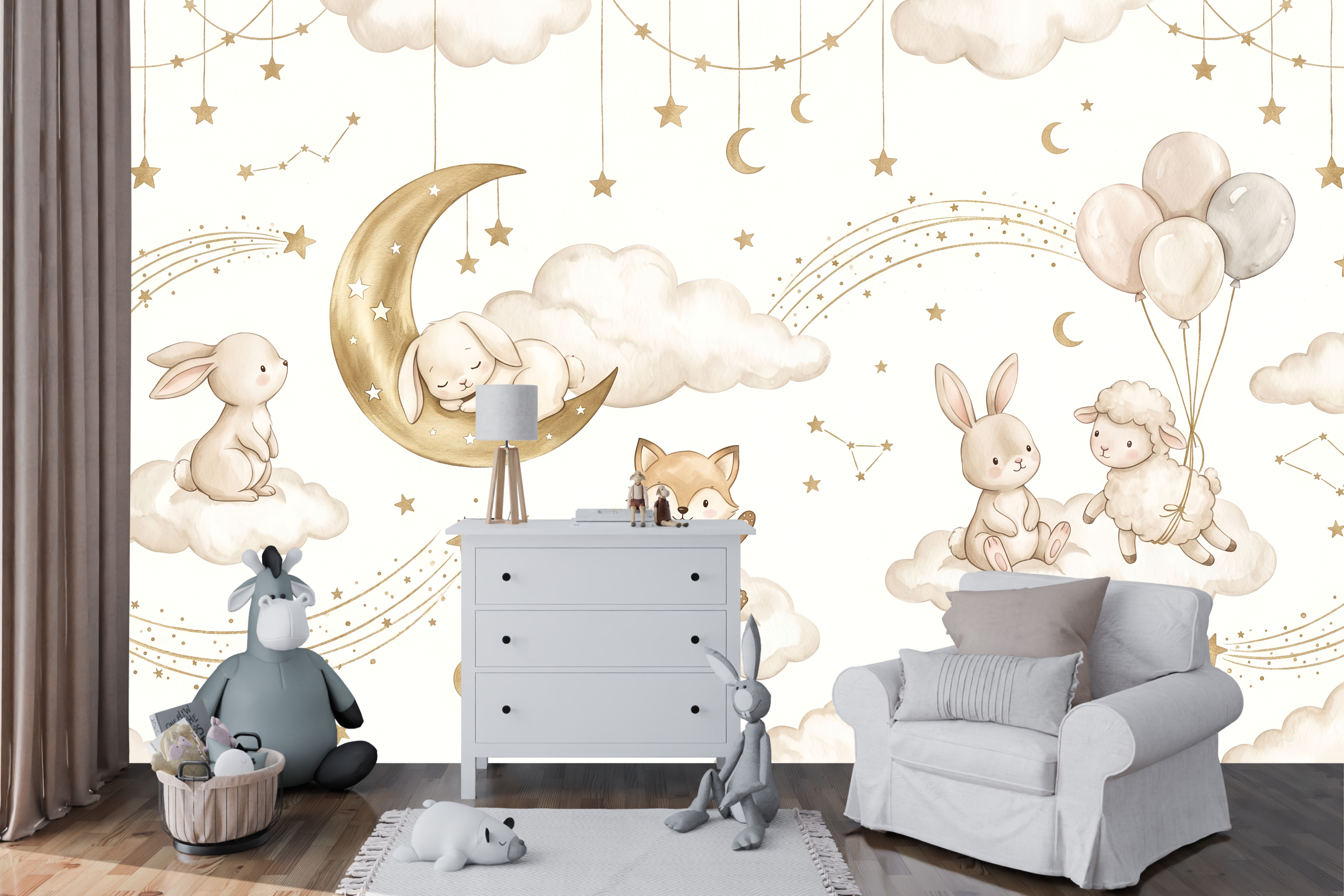 Warm beige starry sky and fox on a cloud wall mural transforming a cozy reading corner