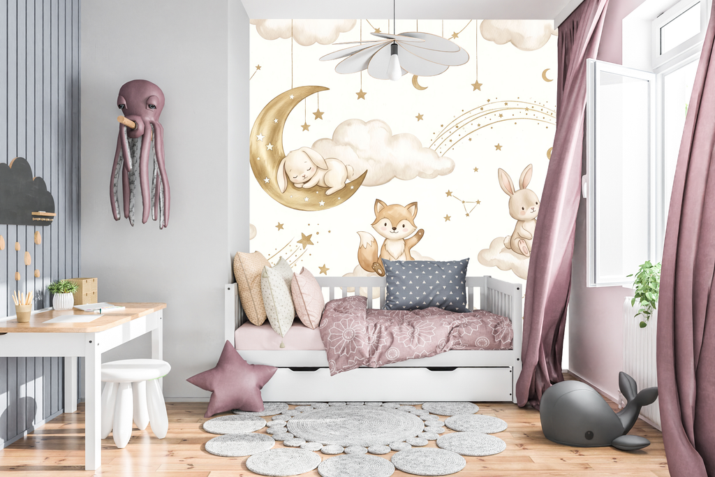 Waterproof vinyl sweet storybook animal wallpaper applied in a bright kids bathroom