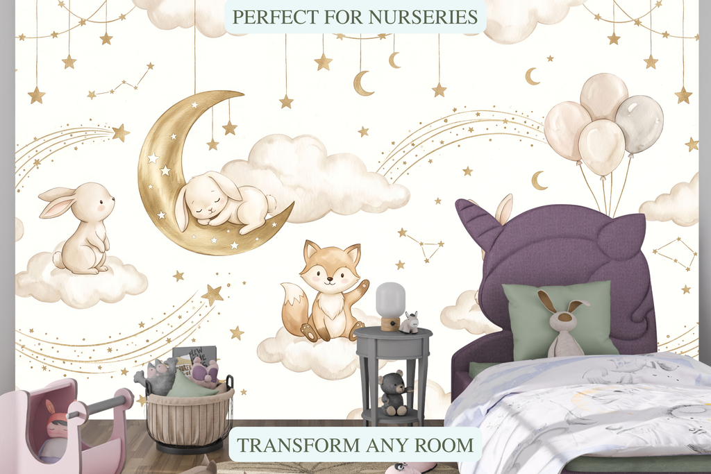 Bunny sleeping on a moon and shooting stars peel and stick wall mural behind a crib